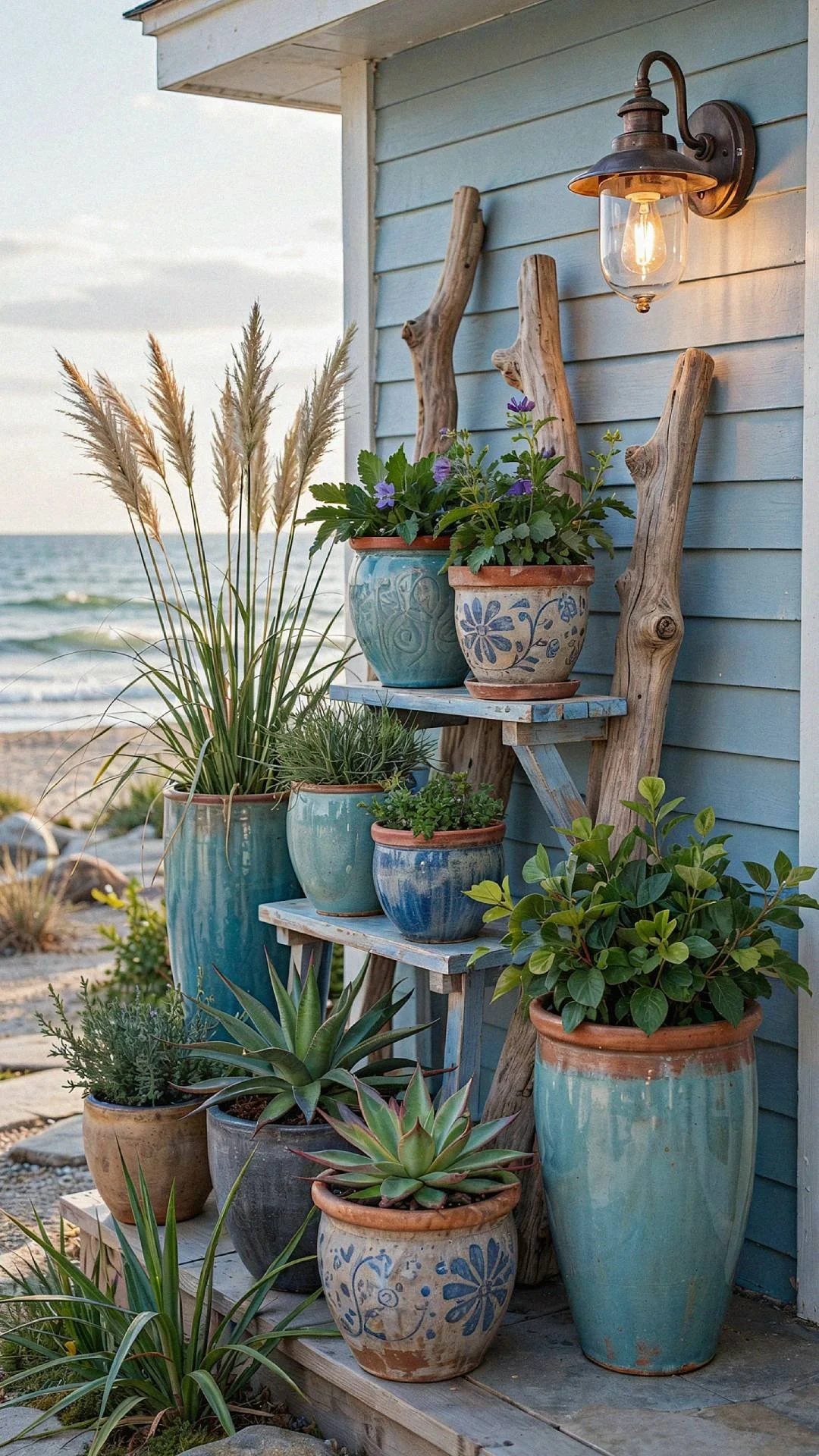 multi level ceramic coastal plant container display on a coastal cottage front porch.