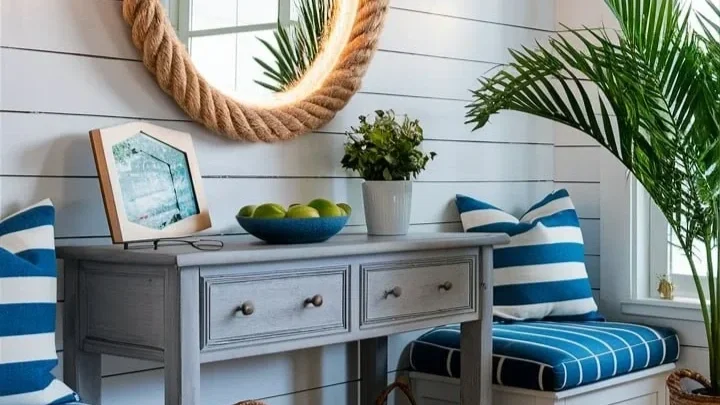 a small coastal cottage entryway with a rope-wrapped mirror and a distressed gray wooden console table.