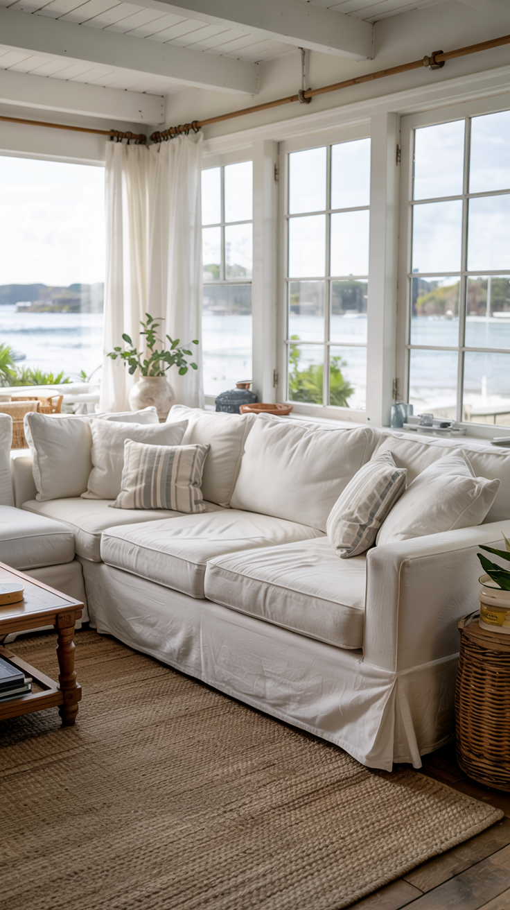White slipcovered sofa floating in center of coastal cottage living room, deep linen sectional with washable covers, turned wood legs visible, furniture arranged for intimate conversation, natural fiber area rug underneath