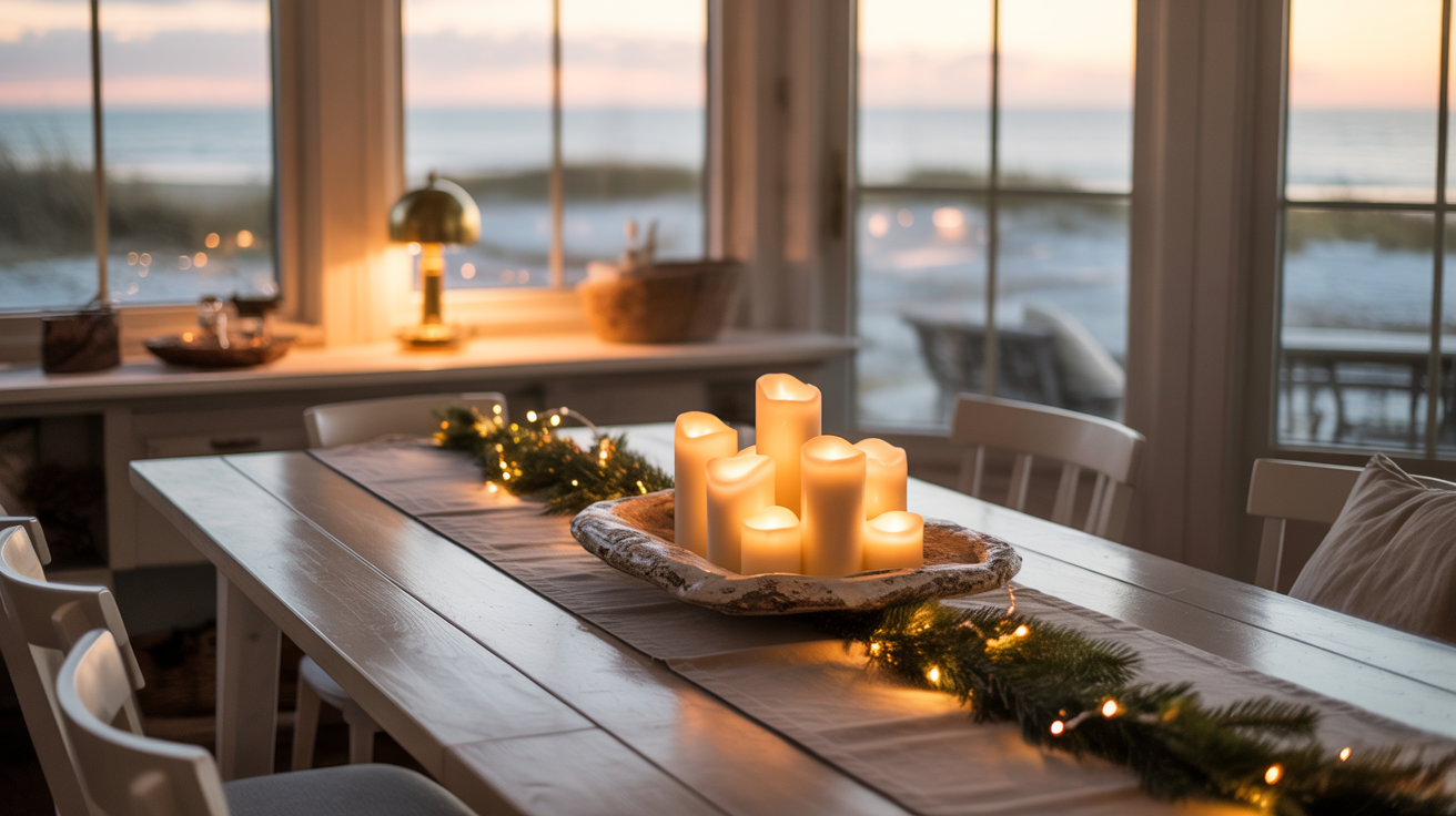 Warm holiday lighting in a beach cottage dining room with candles, lamps, and subtle string lights