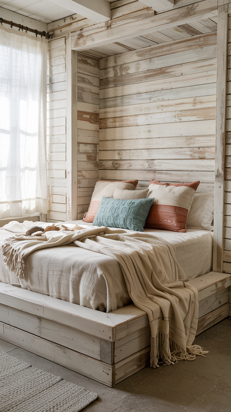 A built-in alcove bed framed entirely in bleached, reclaimed wood, with thick, cozy blankets. Vibrant coastal colors. distressed beachy aesthetic.