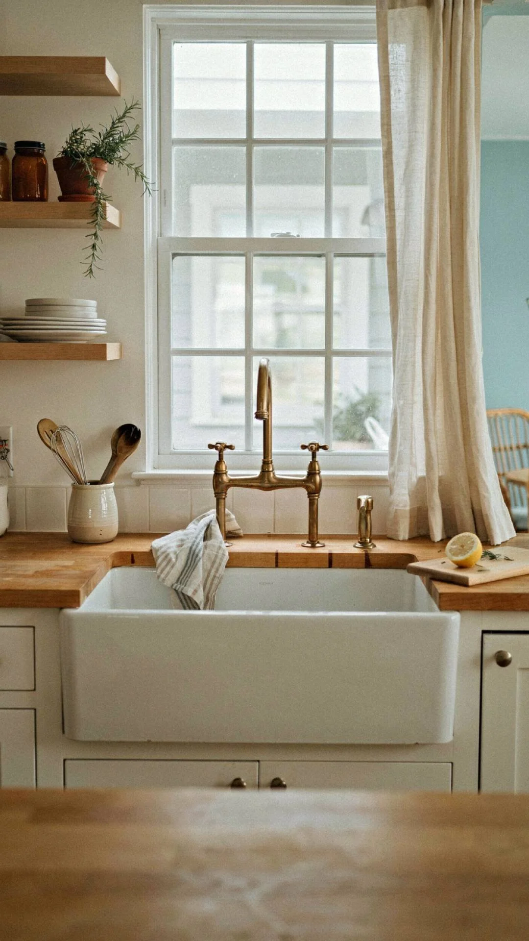 full kitchen shot centered on a farmhouse sink with a brass bridge faucet, white cabinetry and butcher block counters surrounding it, soft window light, coastal cottage style