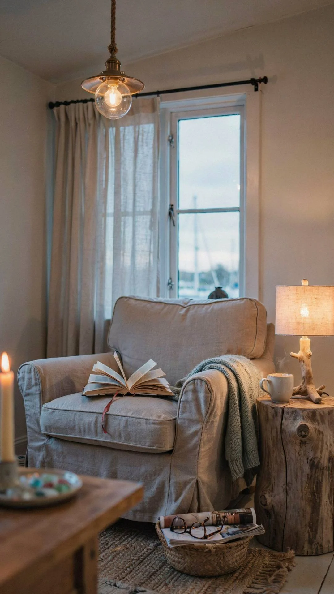 a cozy coastal reading nook, rattan pendant light glowing warm above a linen armchair, driftwood table lamp on a side table, open book and mug nearby, soft warm bulb glow mixing with fading window light