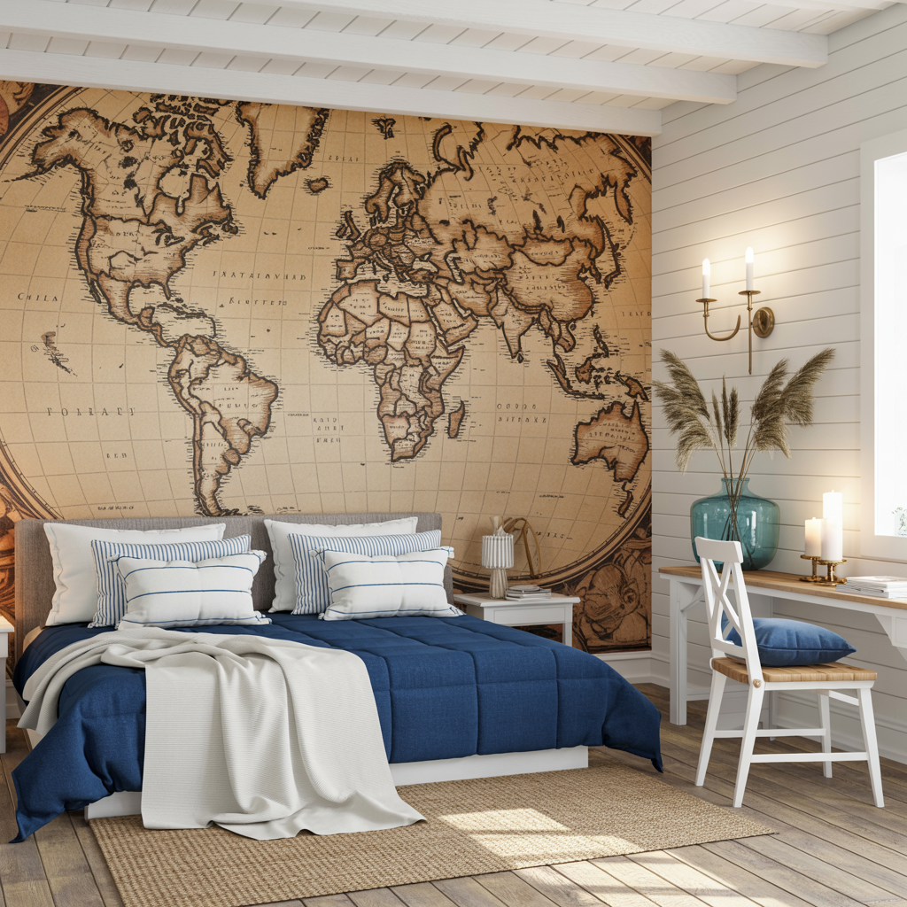 A coastal-themed bedroom with mint green shiplap walls and white trim.