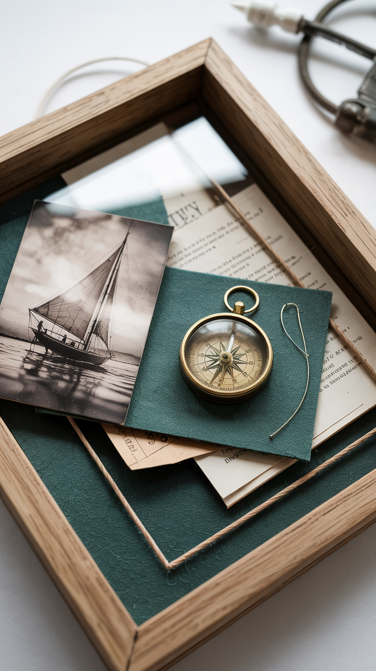 Close-up detailed shot of an open shadow box frame showing depth layers, felt backing, mounting materials, and various keepsakes arranged at different heights, educational diagram style, clean white background, product photography lighting