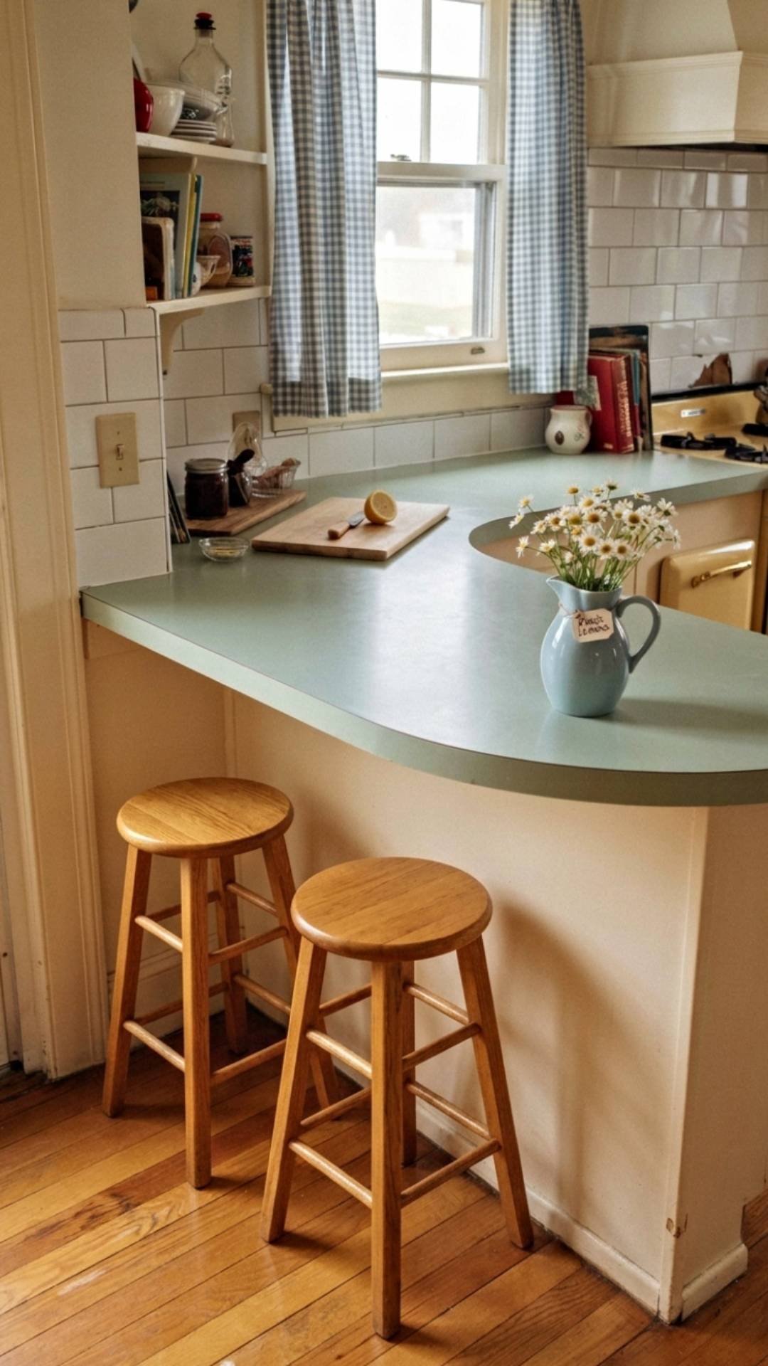 Curved rounded edge countertop in 1930s coastal kitchen