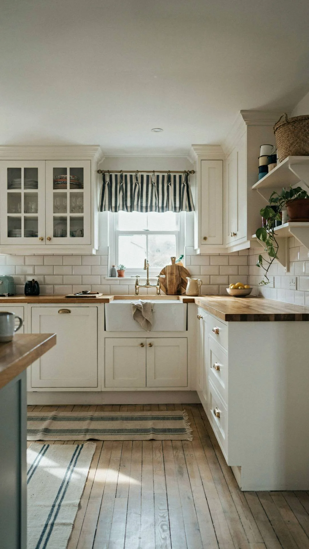 full kitchen view showing a window above the sink dressed with a striped cafe curtain on a brass rod, white cabinetry, butcher block counters, warm morning light, coastal cottage style