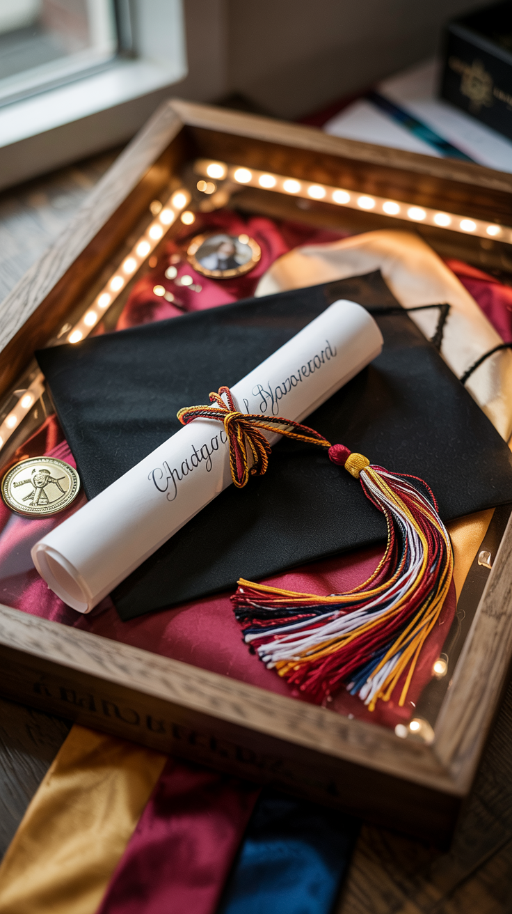Graduation achievement shadow box with diploma, tassel, cap, academic cords, graduation photo, and awards, school colors background, celebratory mood, academic milestone display, inspirational composition