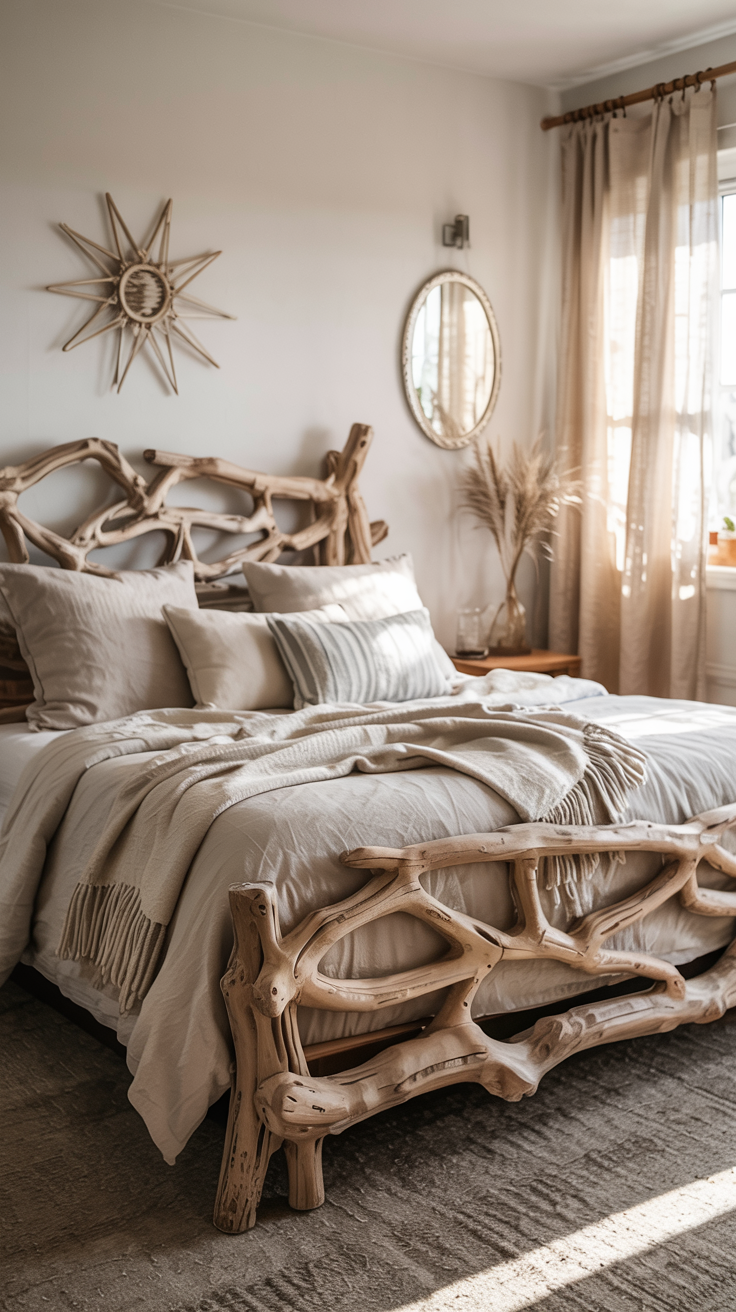 Coastal boho bedroom with driftwood bed frame or headboard, natural weathered wood texture, soft neutral bedding, woven throw blanket, simple wall mirror set with sunburst design, bright and airy feel, beach house interior photography