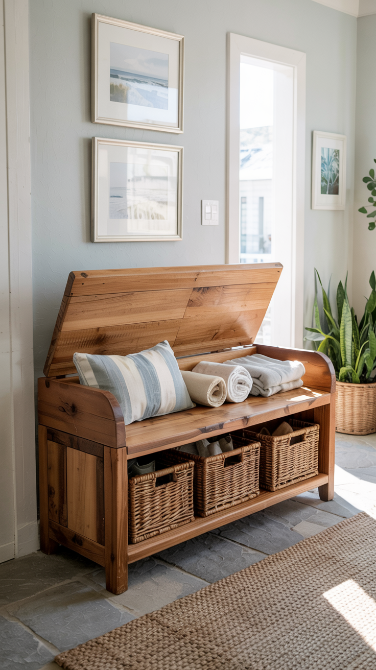 A wooden built-in storage bench seat with a flip-top lid, revealing organized storage inside. It's positioned in a bright modern coastal entryway with blue colored walls and beach artwork.