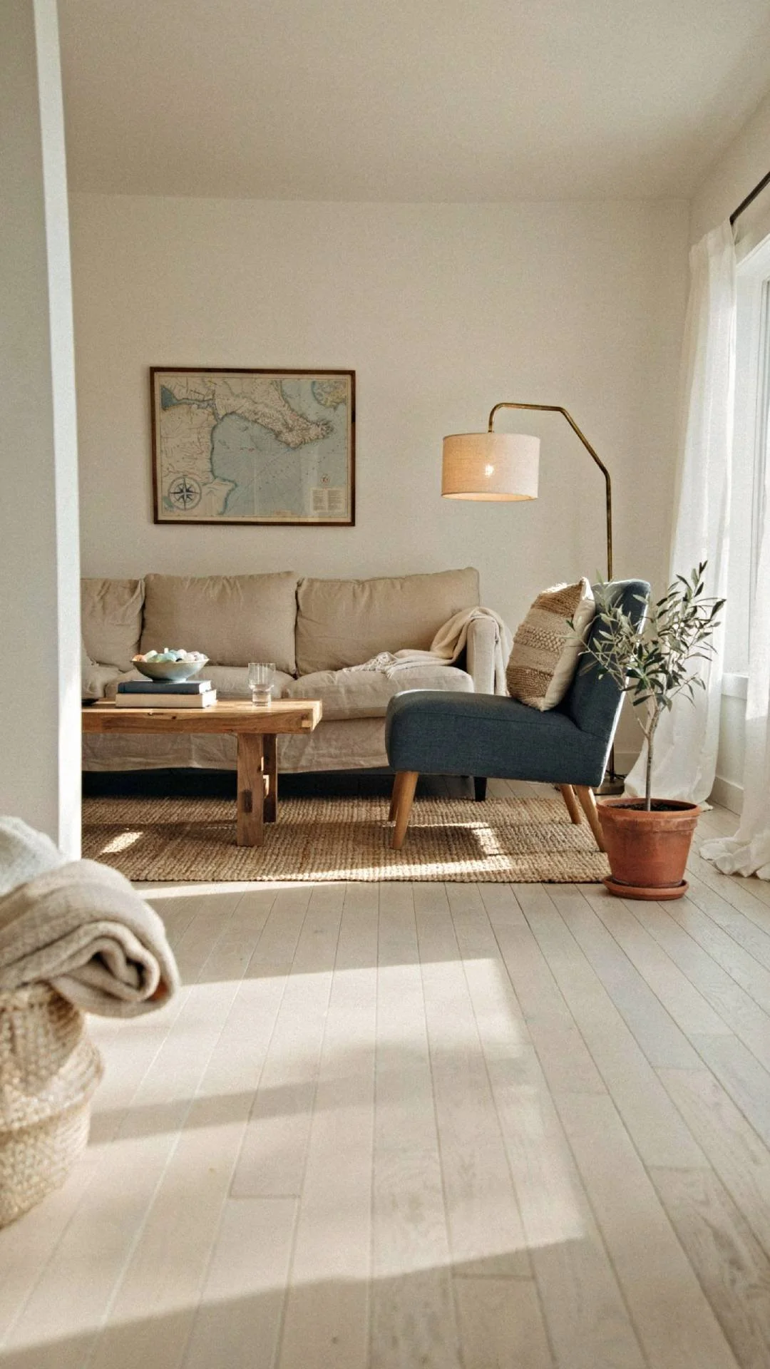 a bright airy coastal living room, sand colored linen sofa, one dusty blue accent chair with woven throw pillows, jute rug underfoot, aged brass floor lamp, warm afternoon sunlight streaming through sheer curtains, soft shadows on a white oak floor