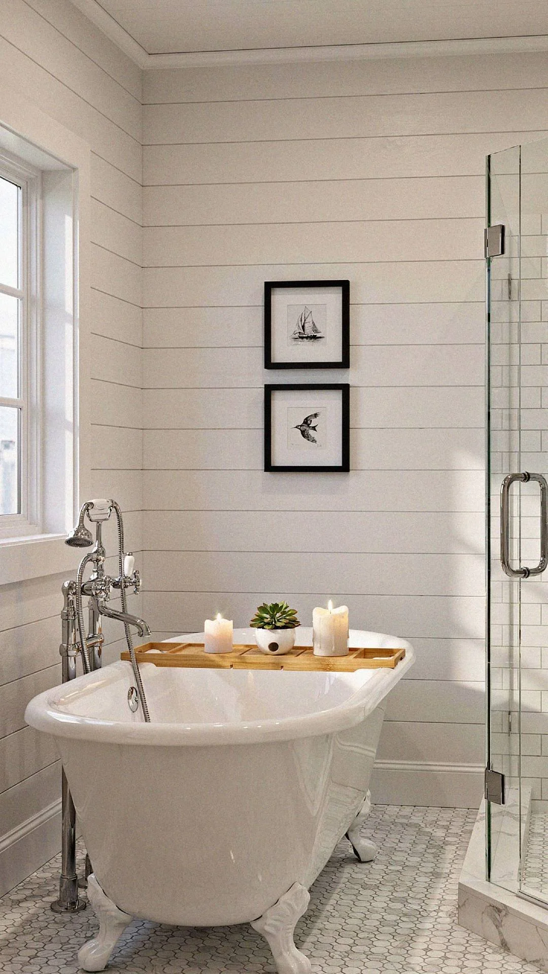 a small coastal bathroom with shiplap walls and a beautiful porcelain claw-foot tub.