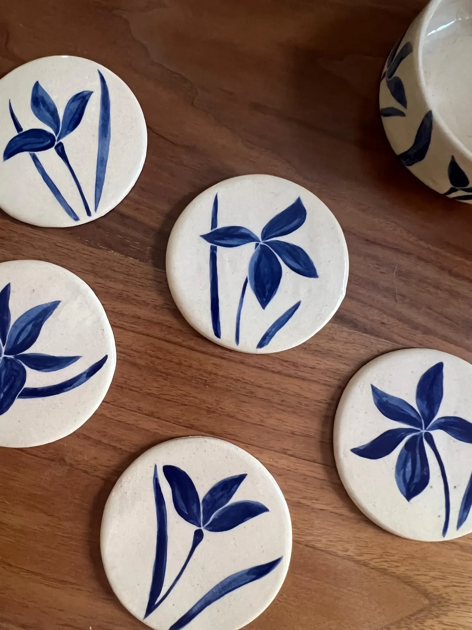 Set of 5 Floral Coasters Plus Stand, Handmade, Hand-painted, Navy Blue Ceramic Coaster Set