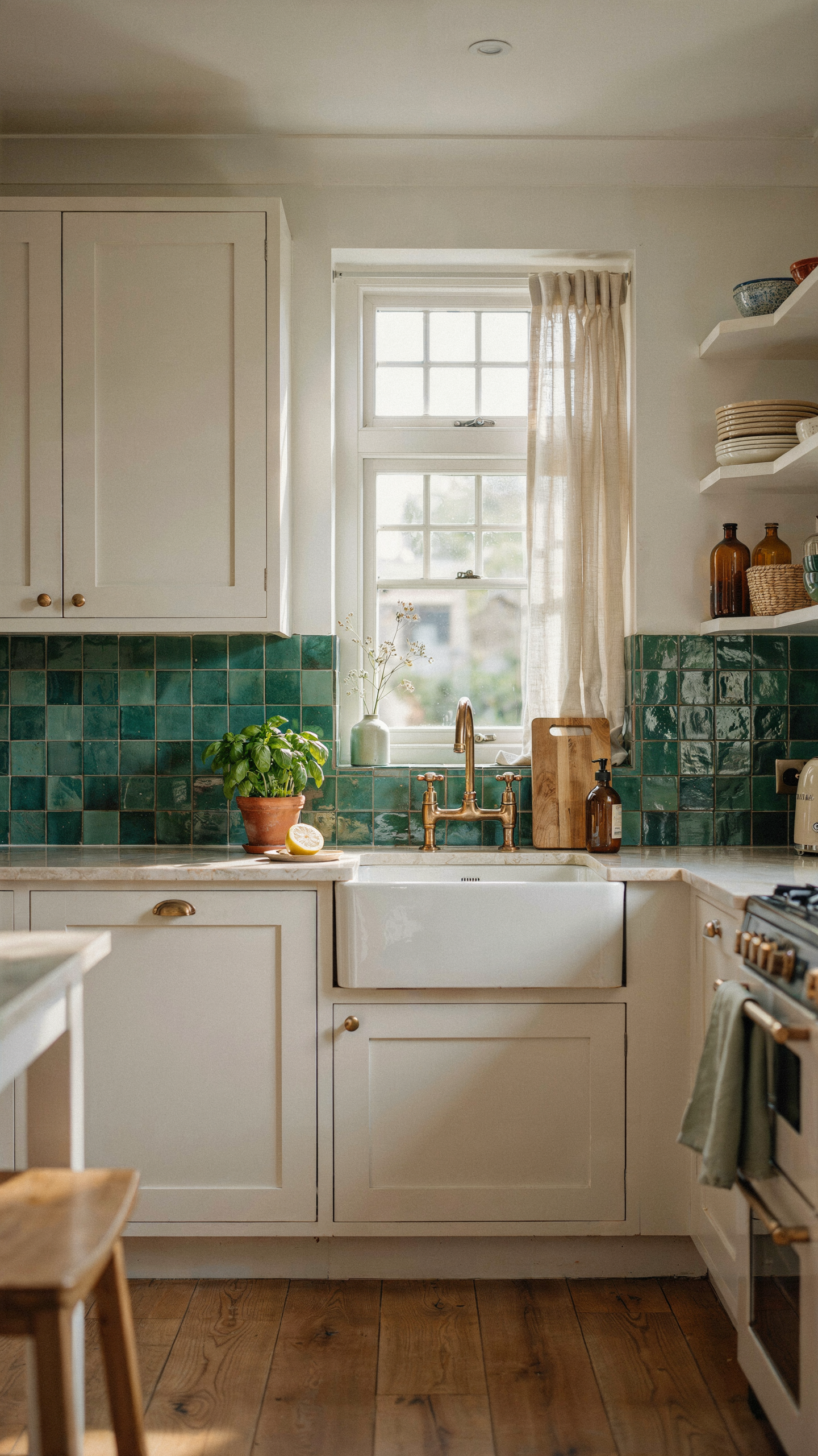 A bright cottage kitchen with crisp white shaker cabinets, a stunning emerald green zellige tile backsplash, brass faucet and fixtures, a white farmhouse sink, cream countertops, warm natural light