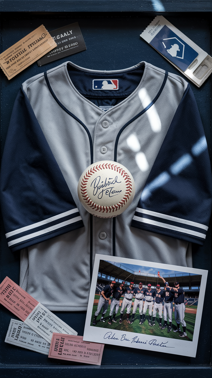 Sports shadow box featuring folded baseball jersey, signed baseball, ticket stubs, and team photo, team colors background, stadium lighting effect, sports collectible display, dynamic composition
