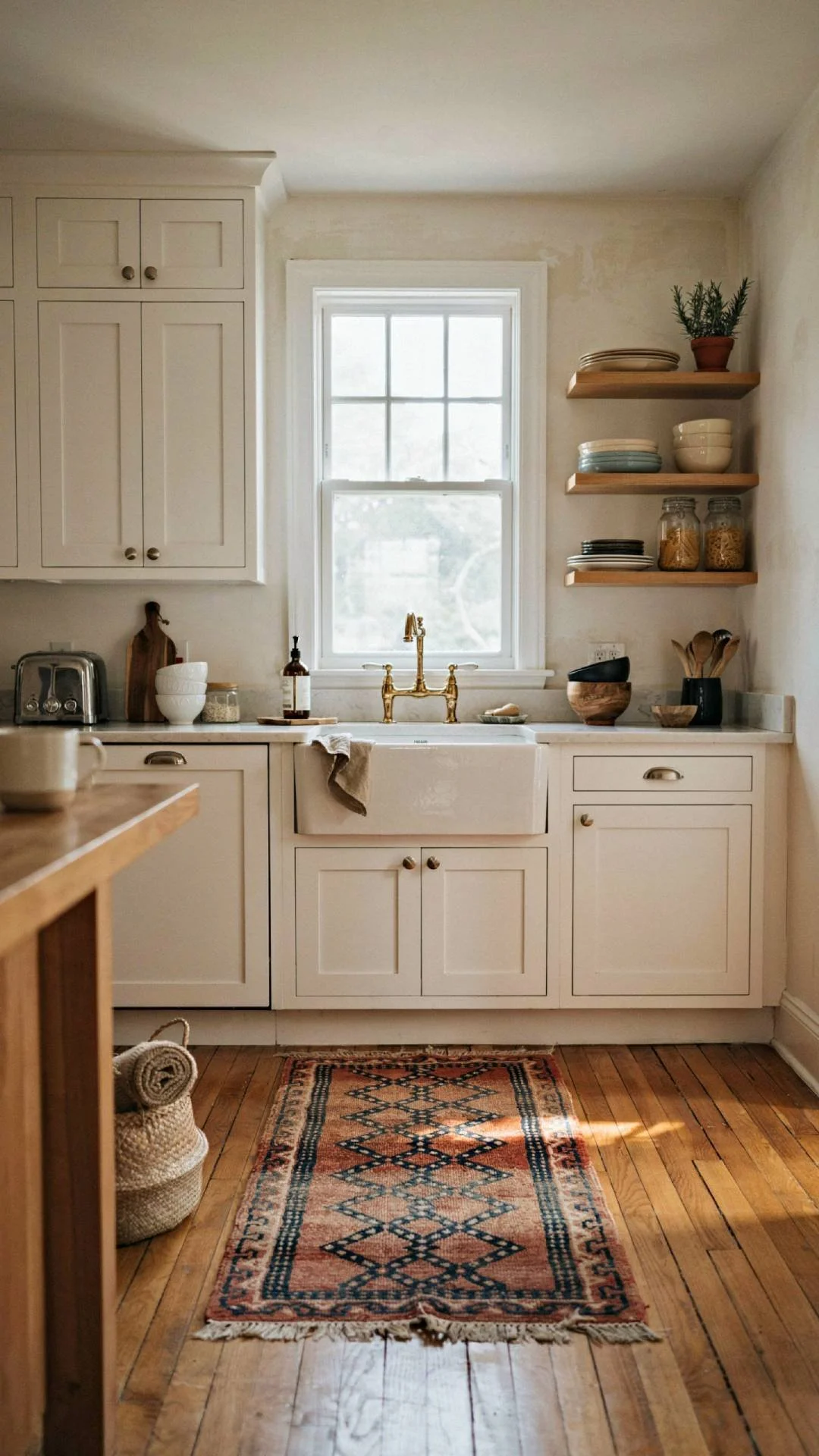 a coastal kitchen with a faded terracotta and blue woven runner rug in front of the sink, white cabinetry, warm wood floors, natural window light,