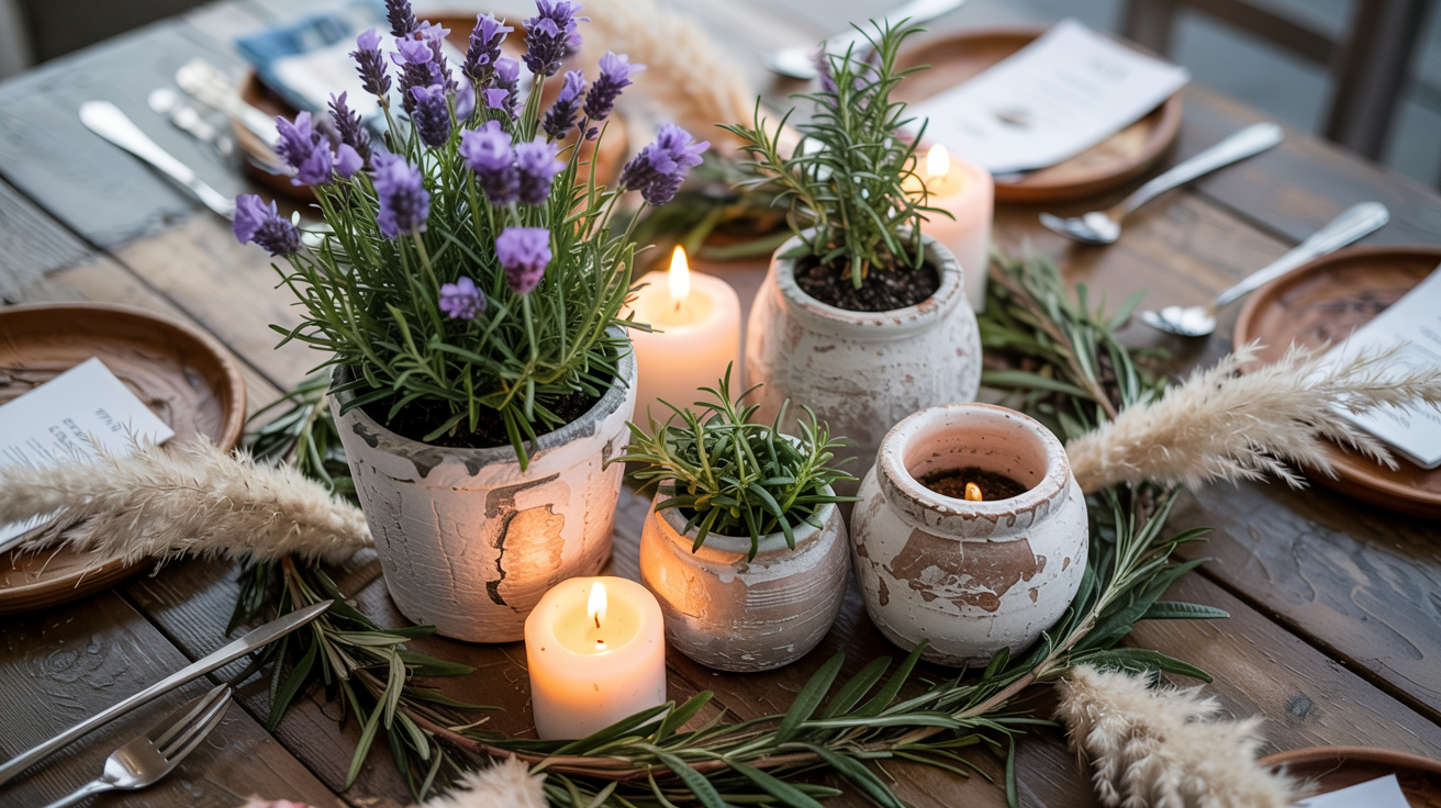 Living herb centerpiece dining table with distressed white pots, fresh herbs, sea glass, and coastal fall place settings