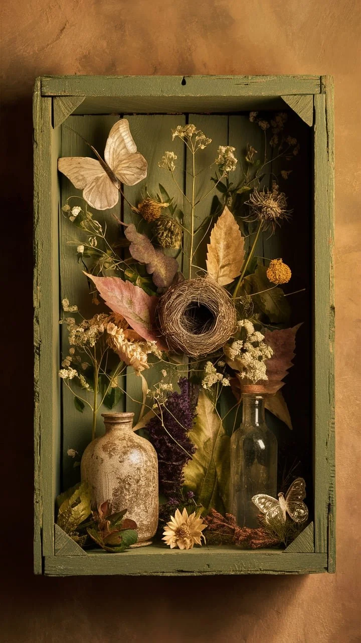 a vintage style green wooden shadow box with silk butterflies, dried flowers and a small glass vase.