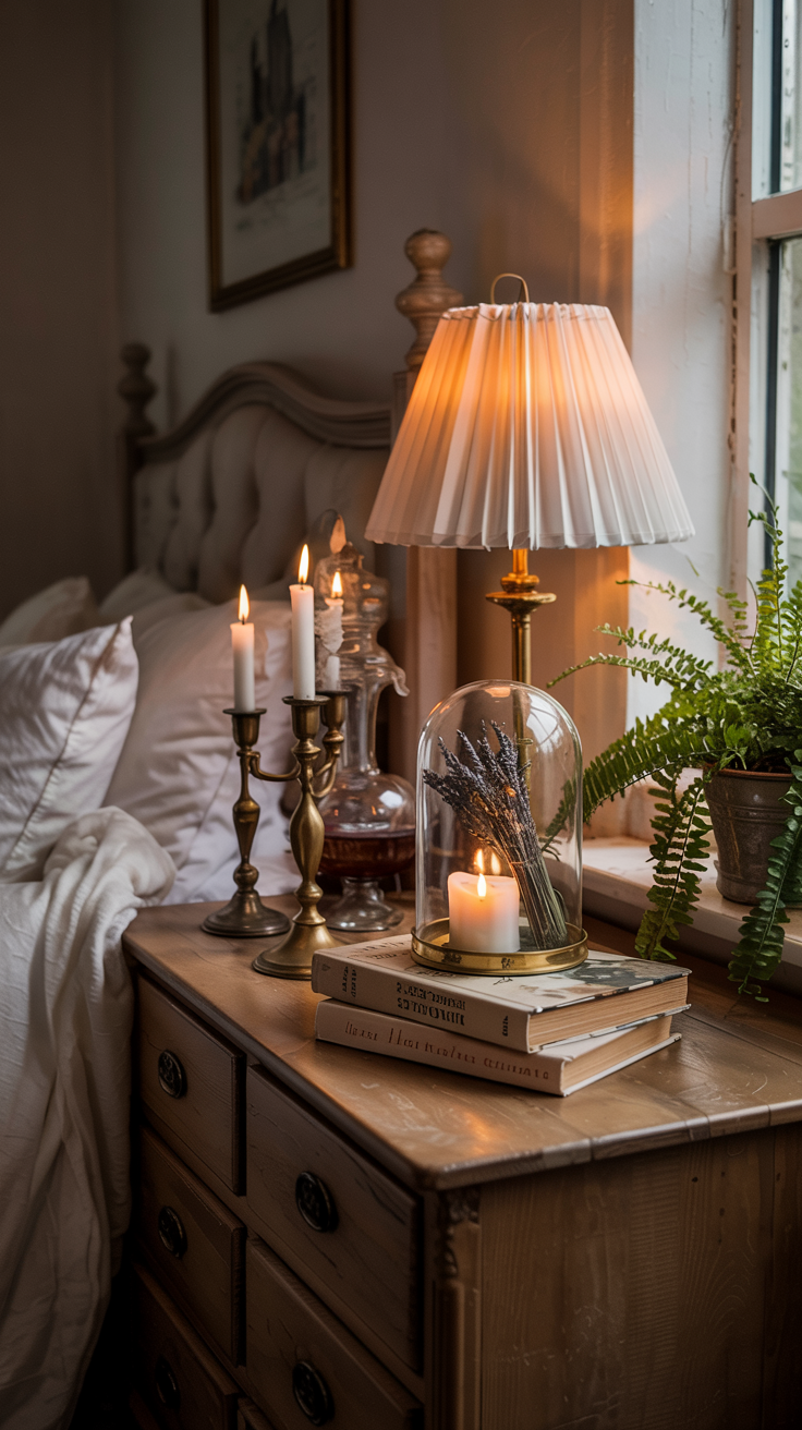 a cozy cottagecore bedroom with a nightstand adorned with a brass lamp with pleated shade, fern plant, and vintage cloche.