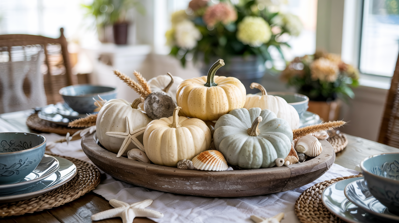 Coastal fall dining table with nautical pumpkin centerpiece featuring white and blue pumpkins, seashells, and complete place settings for autumn entertaining