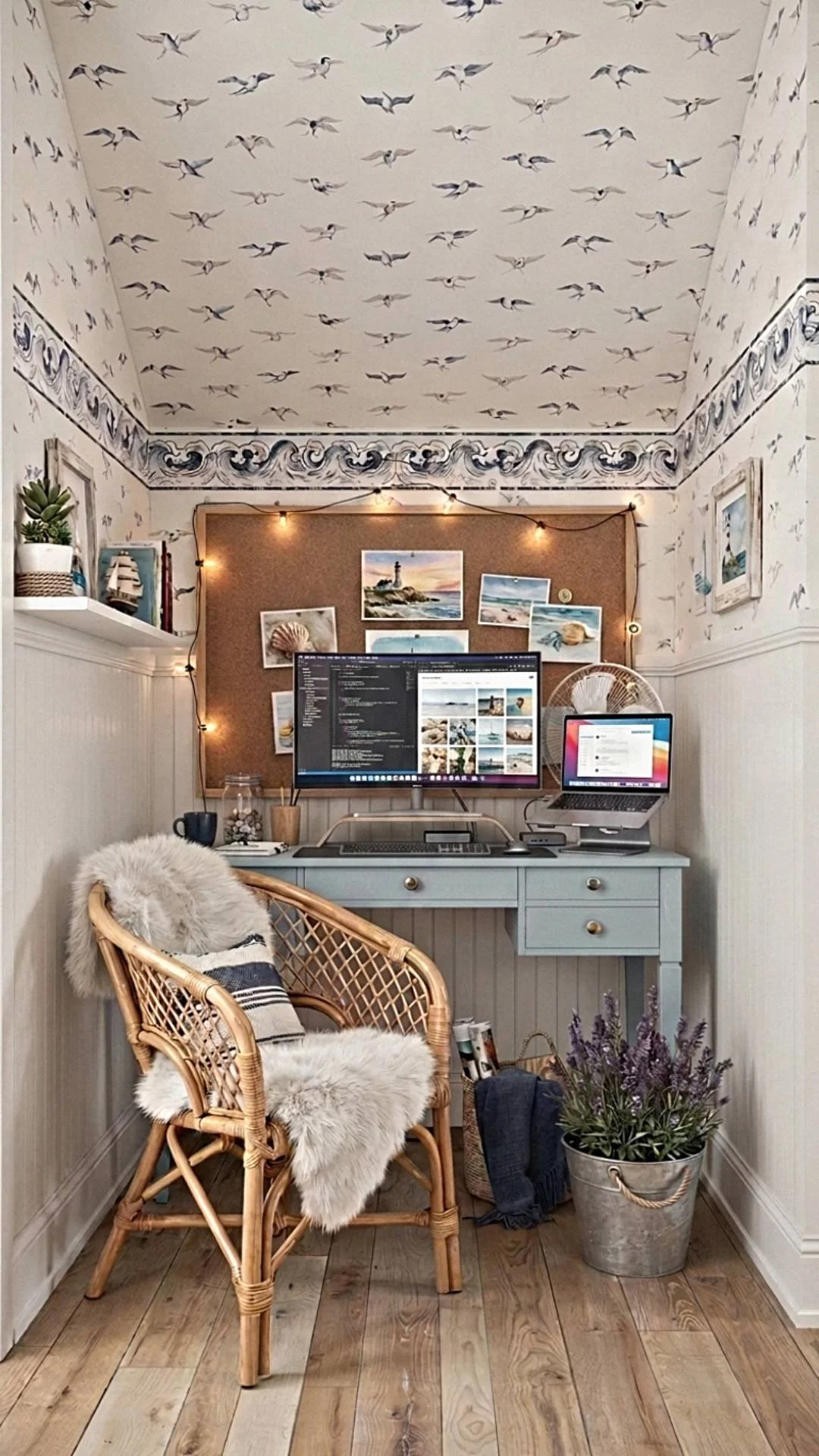 a cozy nook home office styled in coastal colors with beachy home decor.