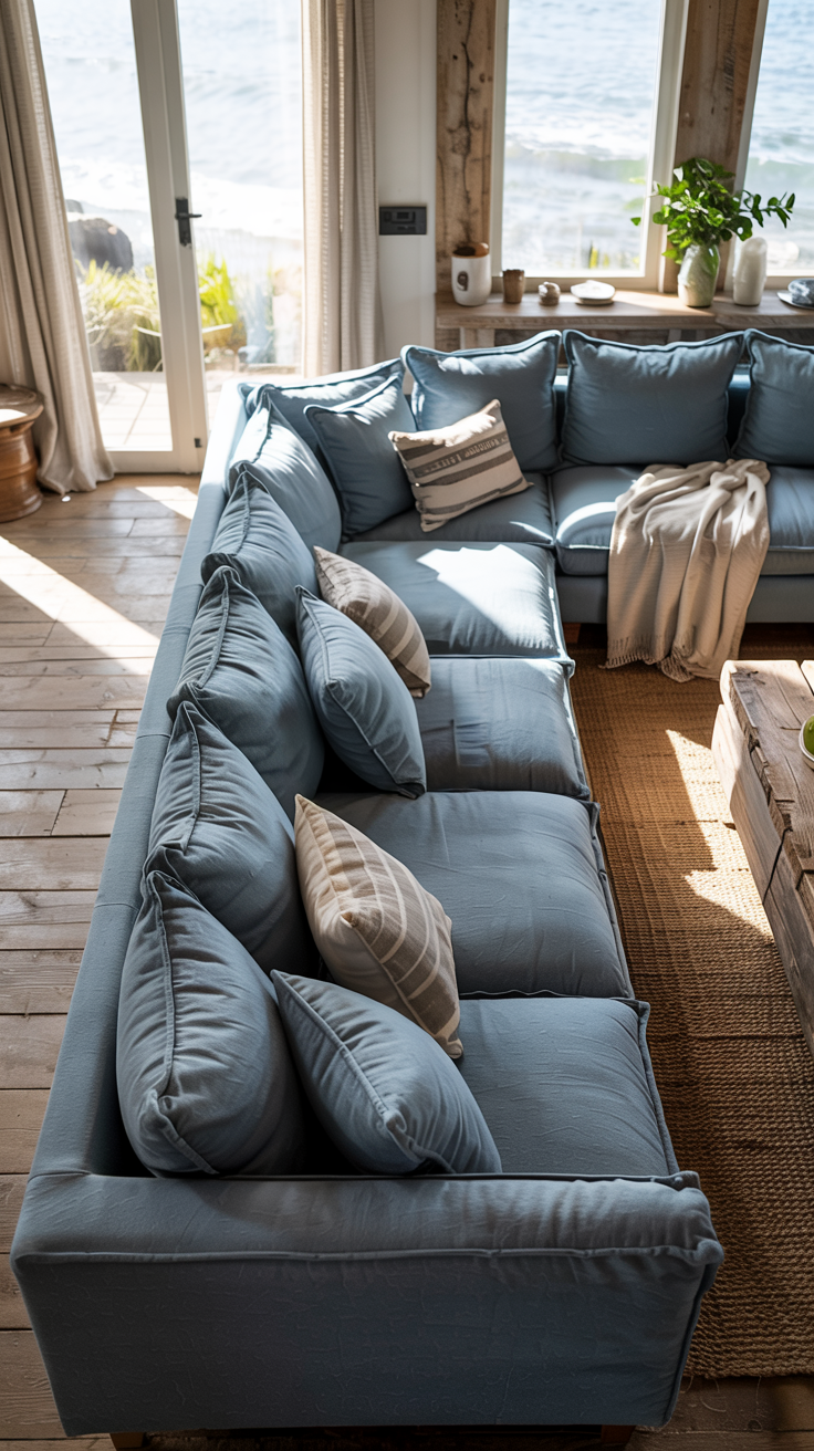 Oversized comfortable linen sofa with soft deep cushions in coastal living room, performance fabric in cream color, casual relaxed style, organic modern design, wooden coffee table in foreground, cozy throw blankets