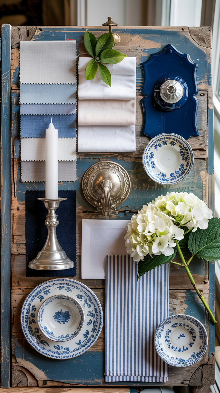 A professional interior design mood board for Hamptons Preppy style. The board includes a sample of navy blue lacquer, a piece of polished silver, a blue and white porcelain pattern, a white hydrangea bloom, and a navy striped fabric swatch.