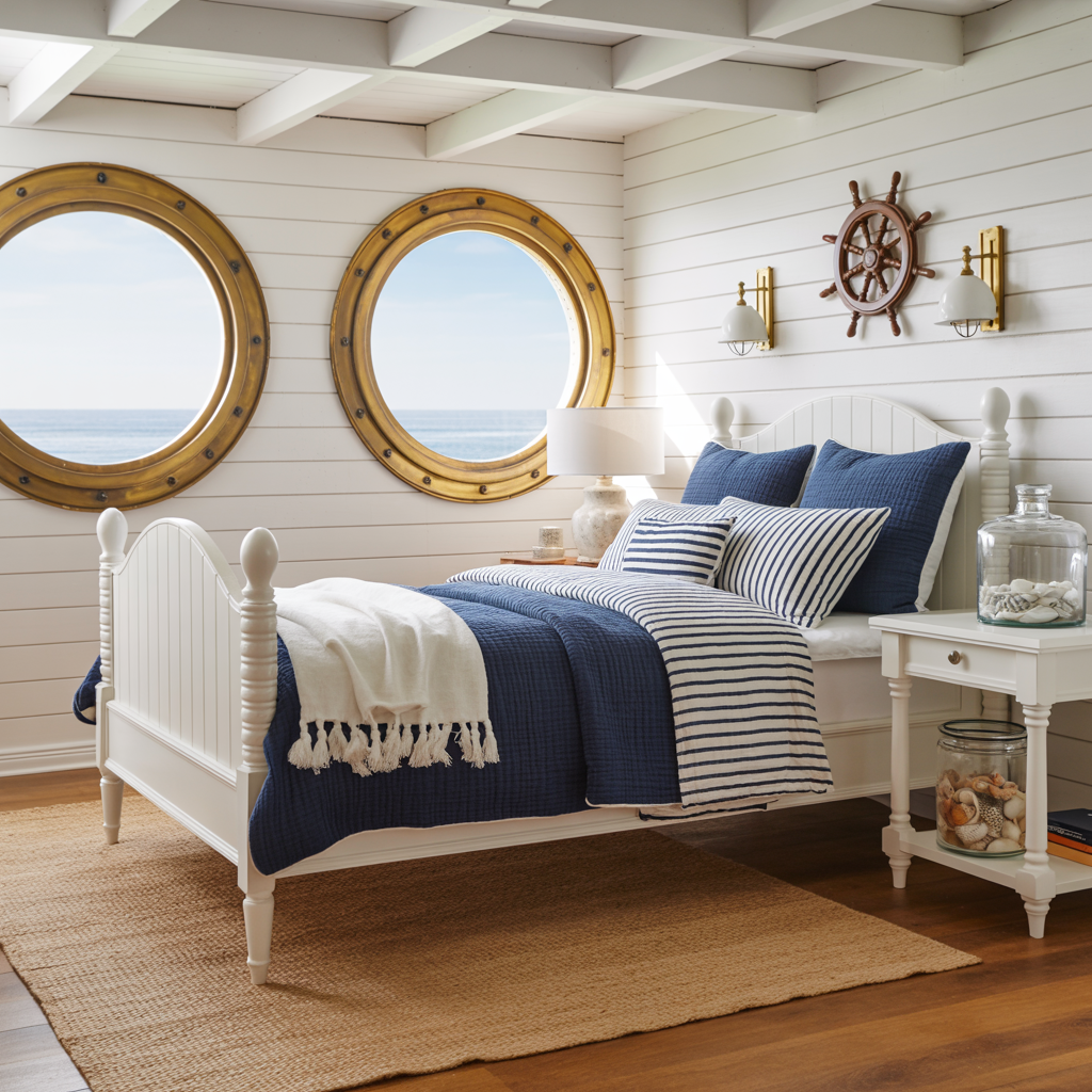 A nautical-themed bedroom with two large circular porthole windows mounted in a white wall.