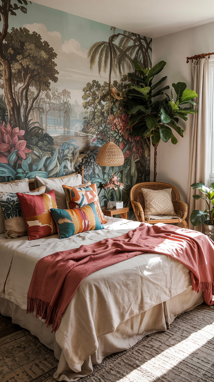 a boho bedroom with a dramatic tropical wall mural on an accent wall.