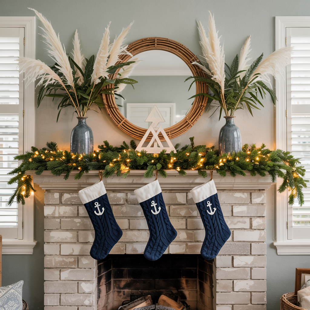 a fireplace mantel in a coastal cottage home decorate for Christmas.