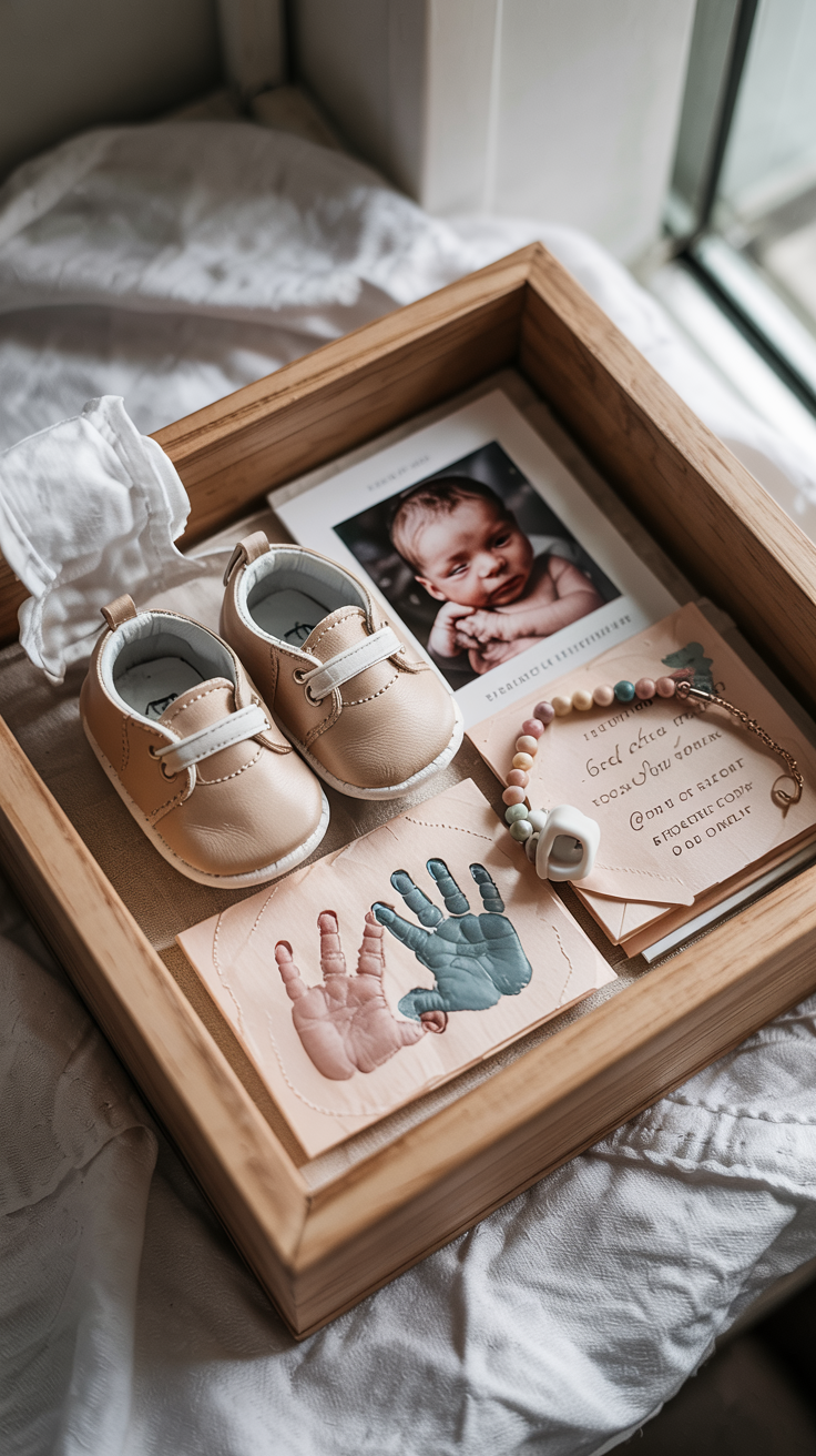 Adorable baby shadow box with tiny first shoes, hospital bracelet, newborn photo, handprints, and birth announcement, soft pastel blue and pink tones, nursery decor style, tender and sentimental mood