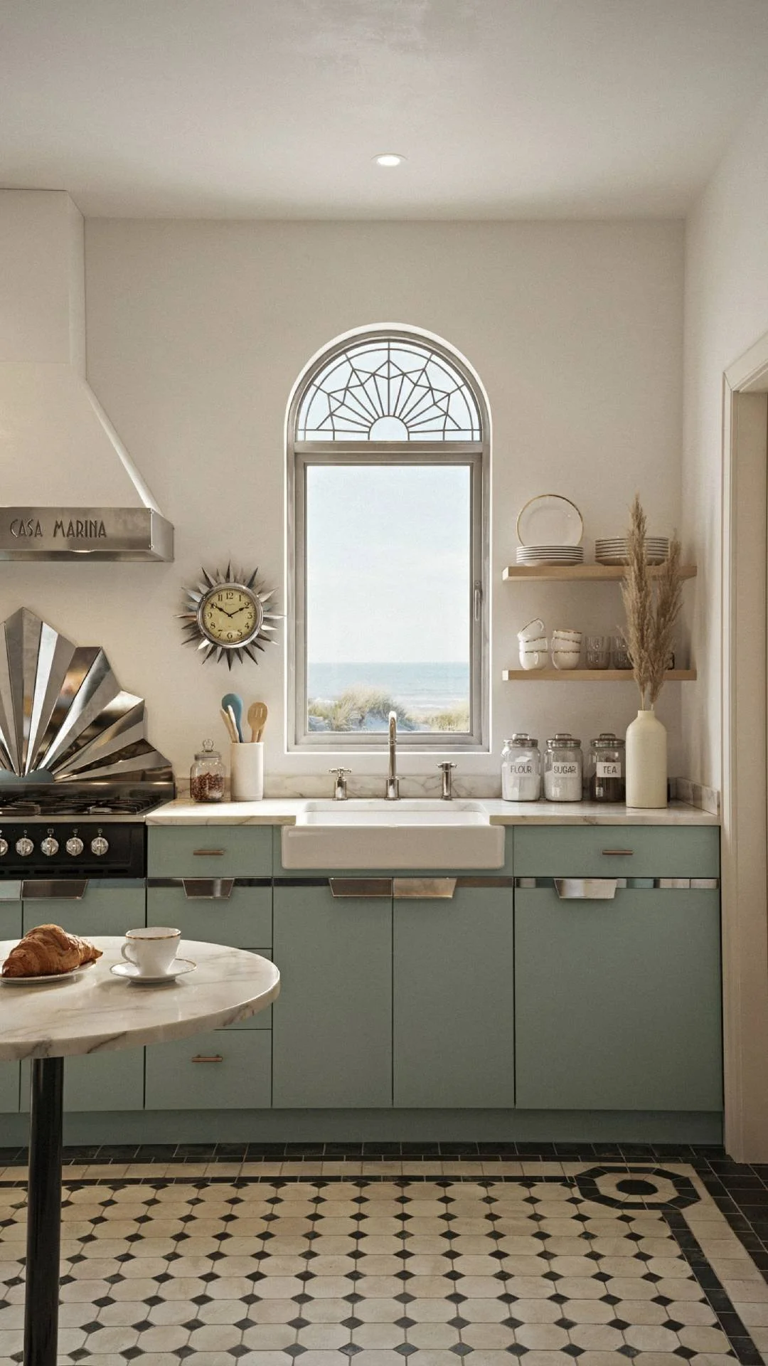 1920s Art Deco coastal kitchen aluminum accents