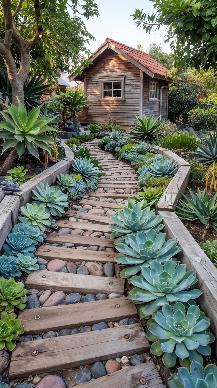 A rustic garden path made from natural driftwood boards arranged in a winding pattern.
