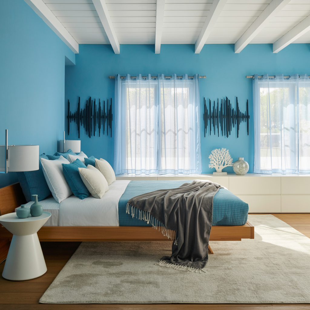 A modern, minimalist bedroom with a light blue accent wall and white wooden ceiling planks. The room features a floating wooden platform bed with a white and teal blue bedding set, including multiple pillows in matching teal and white colors.