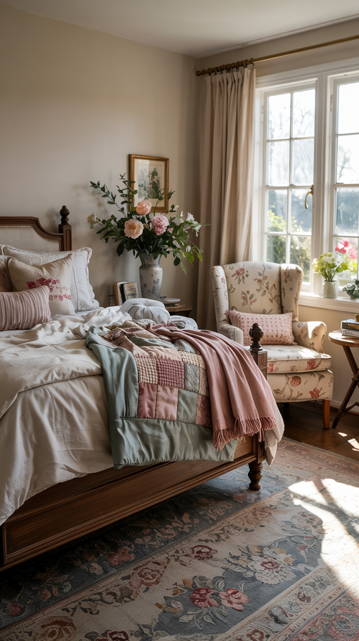 a warm toned view of a fully decorated cottagecore bedroom.