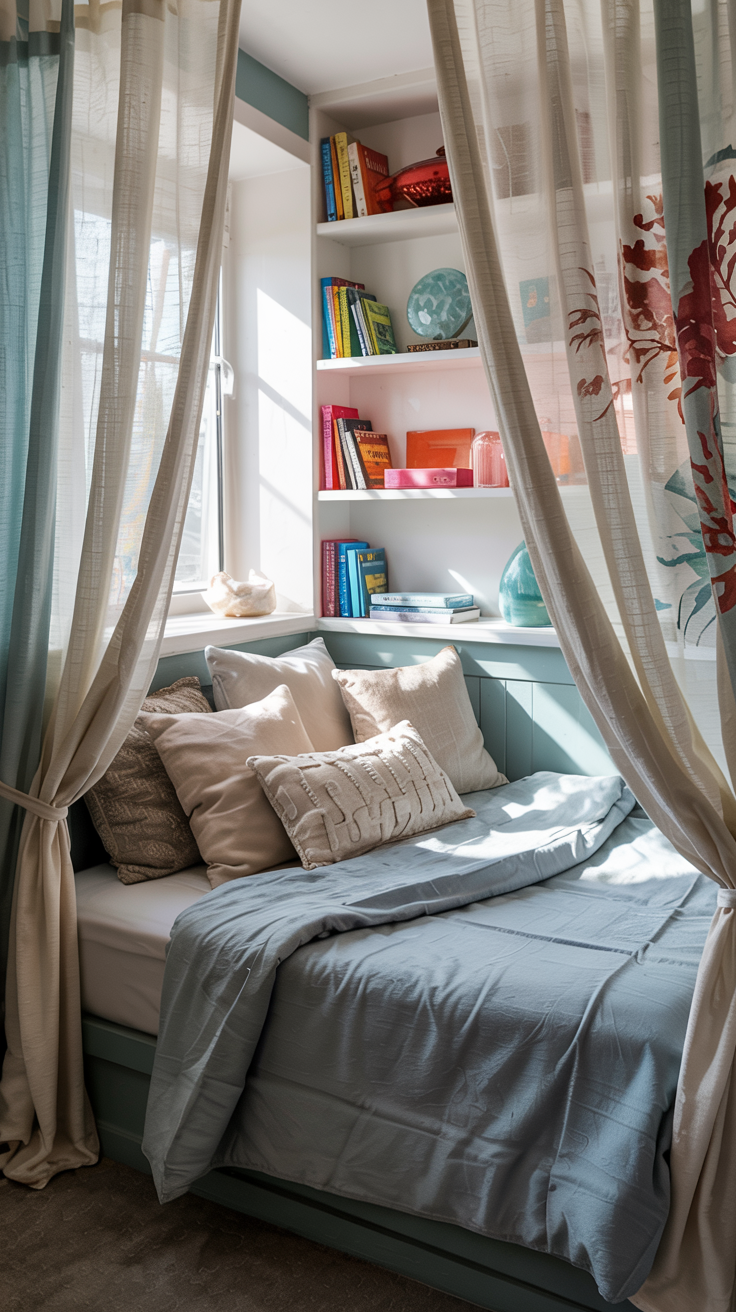 A window-facing alcove bed with built-in bookshelves on one side, lots of pillows, and bright natural light. Sheer curtains provide privacy for the alcove bed. Vibrant colors.