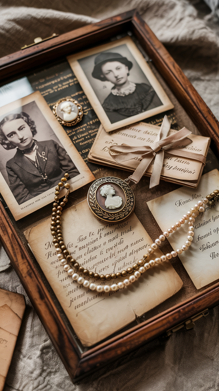 Vintage family heritage shadow box with sepia-toned old photographs, antique locket, handwritten letters, immigration documents, and heirloom jewelry, nostalgic warm tones, genealogy keepsake display, timeless aesthetic
