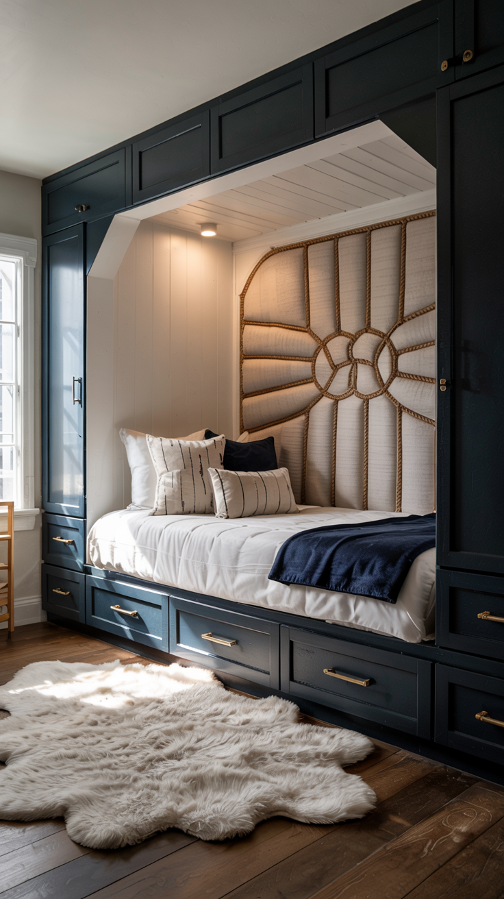 A navy and white buit-in alcove bed with deep drawers underneath, a rope knot detail, and brass hardware.