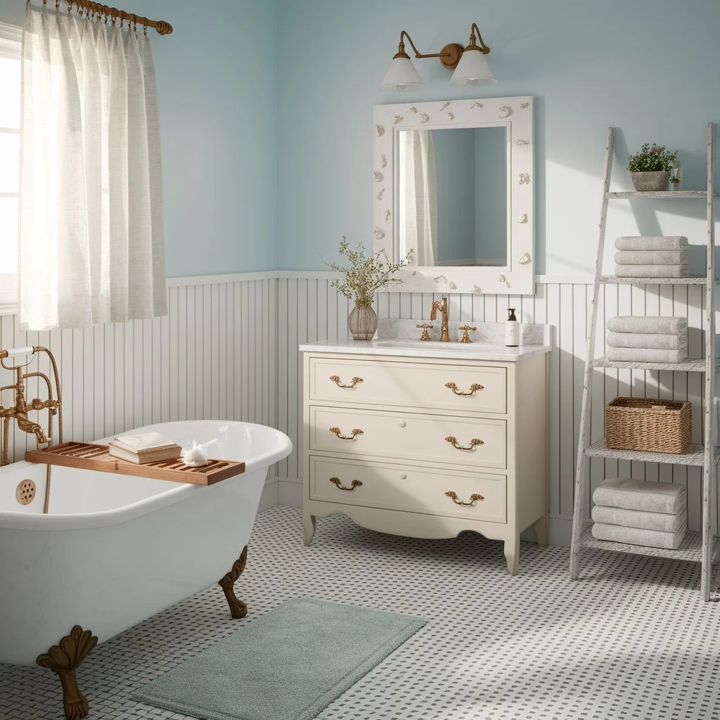 a picture of clean, classic small blue coastal bathroom.