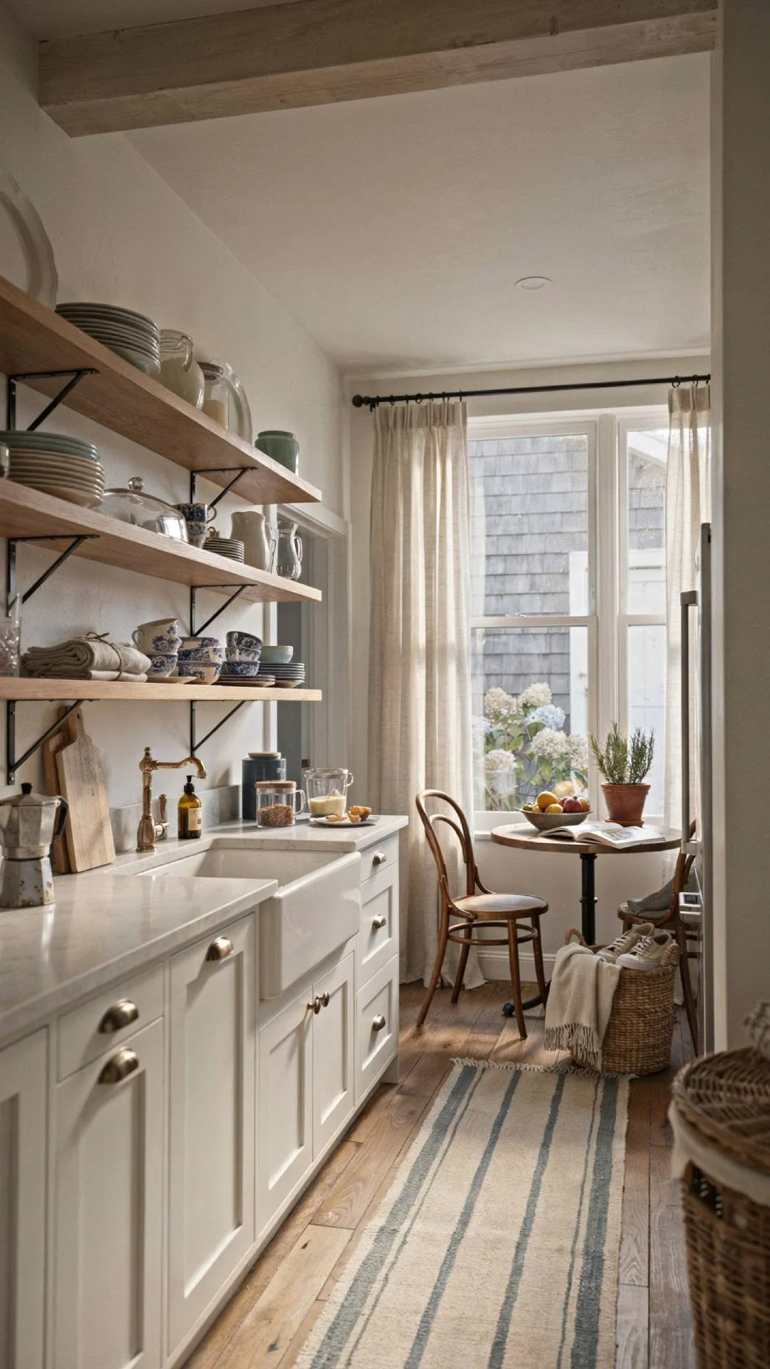 a coastal kitchen with open shelving displaying a vintage kitchen scale and a small grouping of enamel tins, white cabinetry, butcher block counters, warm natural light