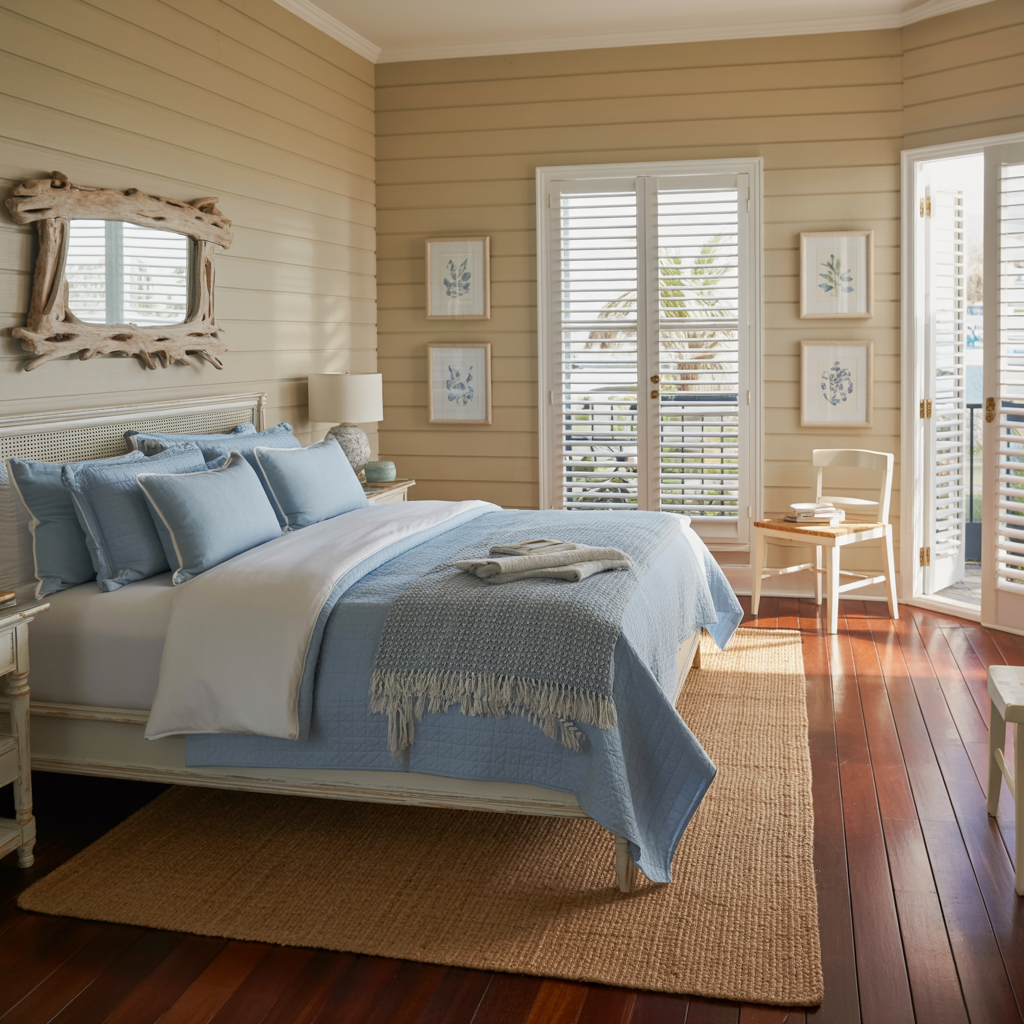 A serene coastal-style bedroom with beige horizontal wood paneling on the walls.