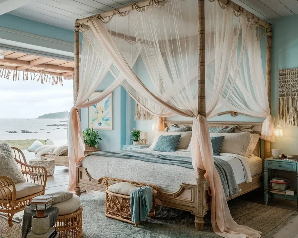 a coastal cottage bedroom with an oceanfront view.
