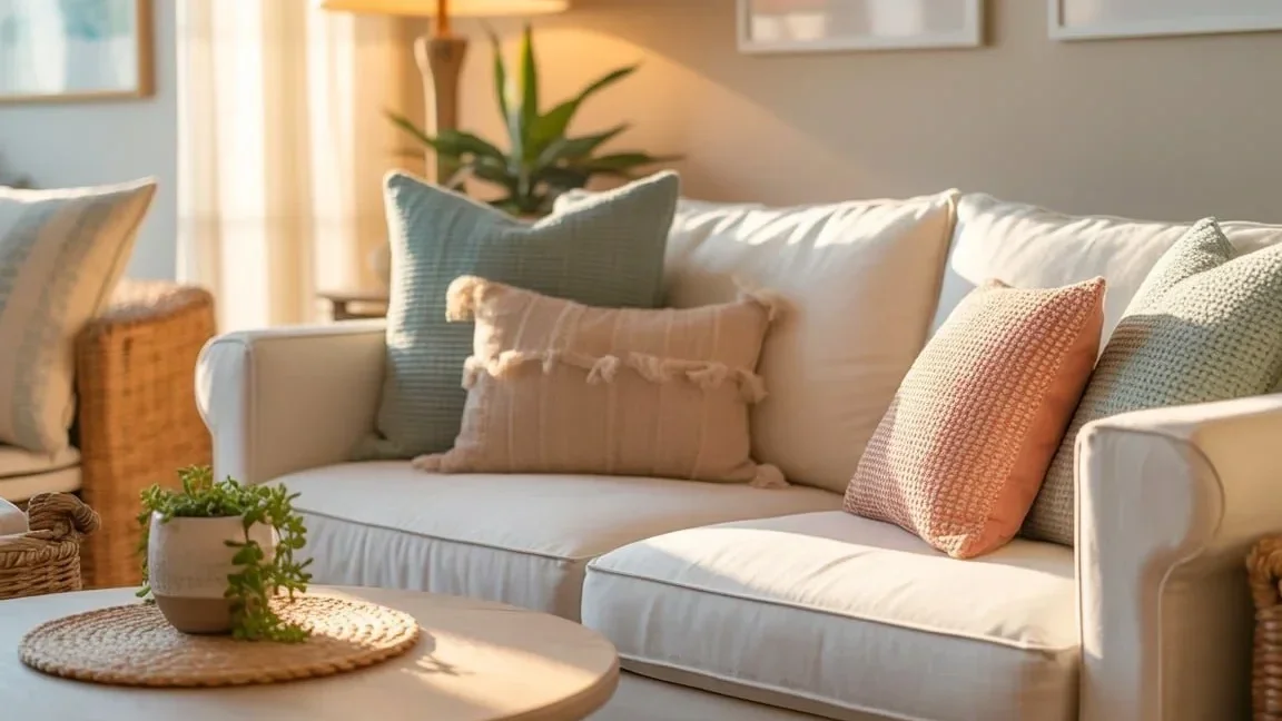 a small coastal living room with a tan sofa and fringed throw pillows.
