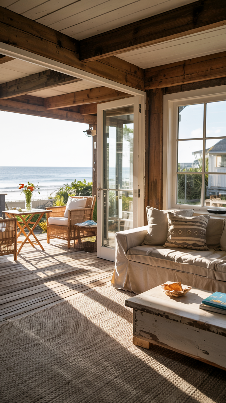 Beach cottage interior and deck shown as one continuous space, pocket sliding doors completely disappeared into wall, same weathered wood plank flooring throughout, casual barefoot coastal living, no barriers, flowing open floor plan, sunny day