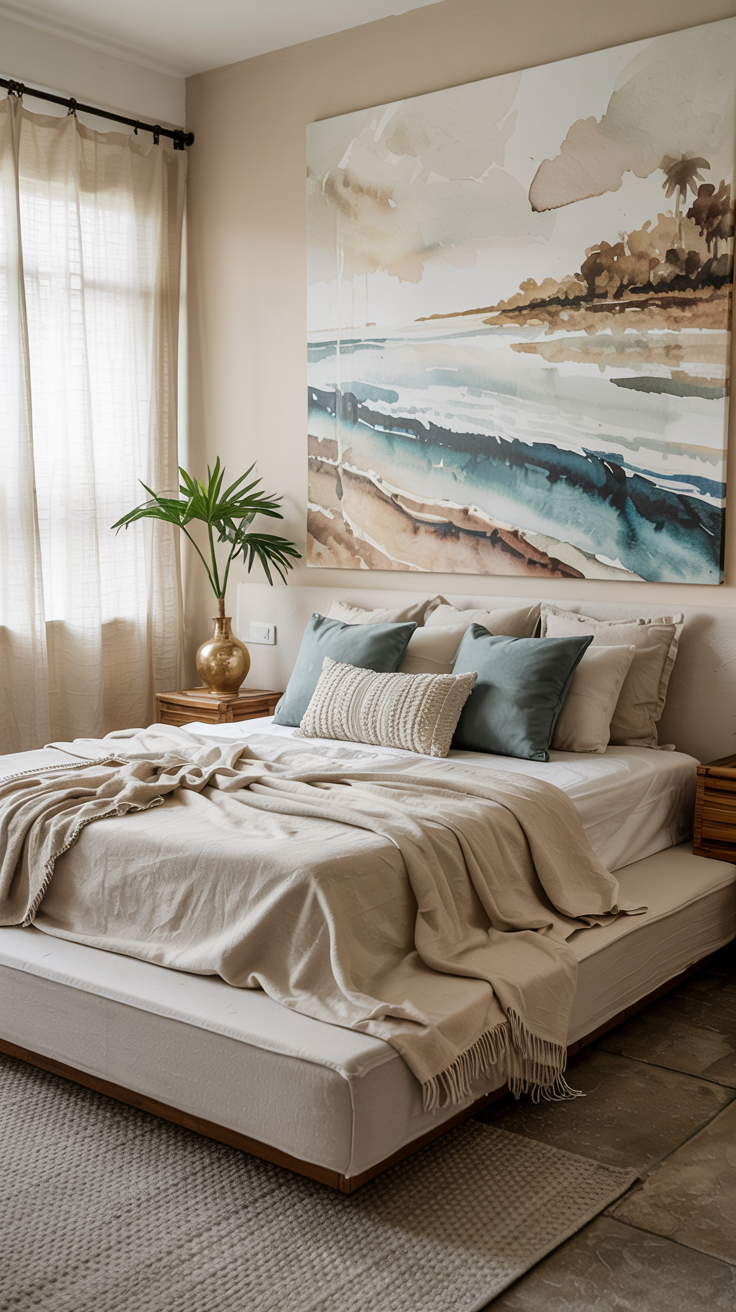 a boho bedroom with a large ocean-inspired painting on the wall.