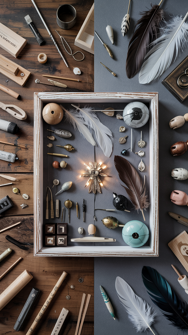 Split-screen comparison showing shadow box layout process, left side with items scattered on table, right side with beautifully arranged final display, design tutorial style, step-by-step visual guide, bright studio lighting