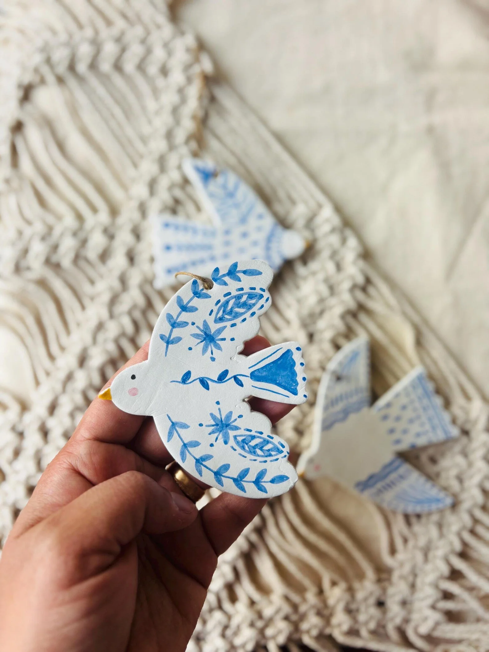 Hand-Painted Clay Bird Ornament: Scandinavian Christmas Decor