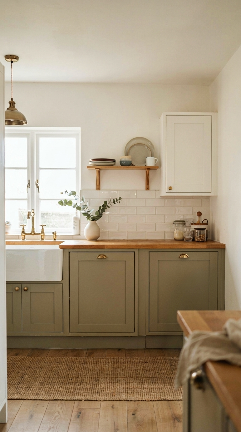 A charming cottage kitchen with olive green lower cabinets and crisp white upper cabinets, matching brass hardware throughout, a warm wood countertop, soft natural light, white walls, farmhouse style interior