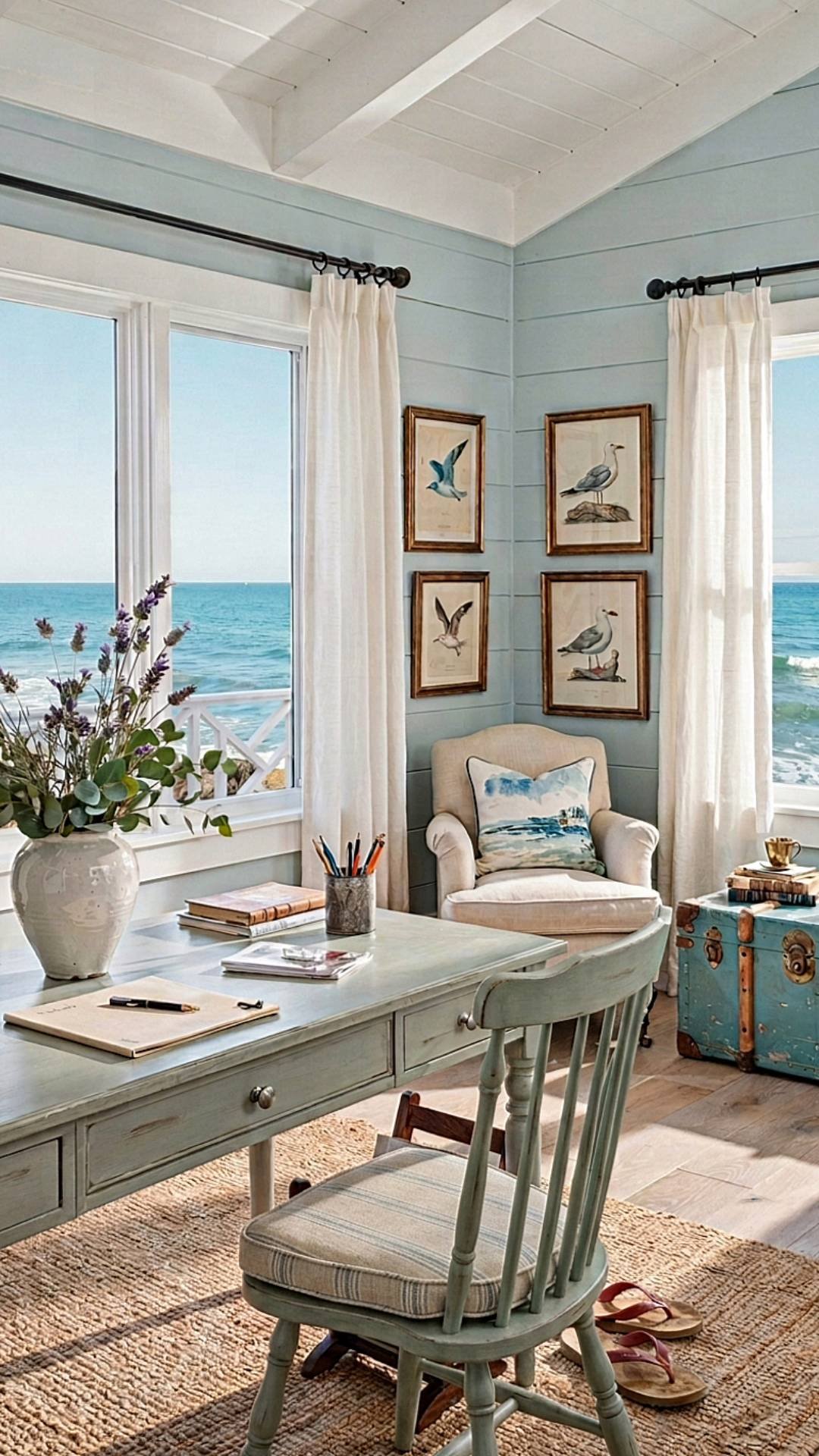 a cozy coastal blue home office with beach views.