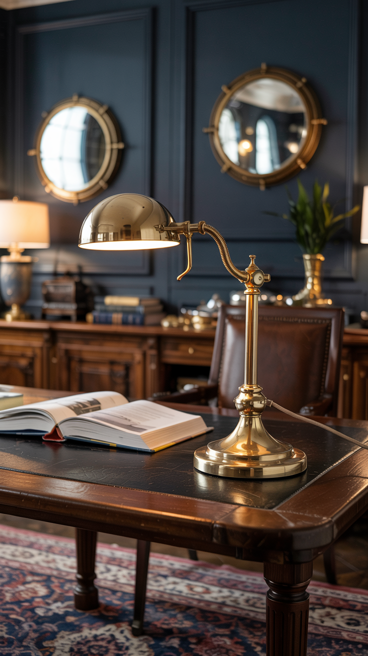 Interior detail shot of a nautical-style library, polished brass swing-arm lamps, brass porthole-style wall mirror, navy blue walls, sharp metallic reflections, luxury yacht interior aesthetic, high-quality architectural photography.